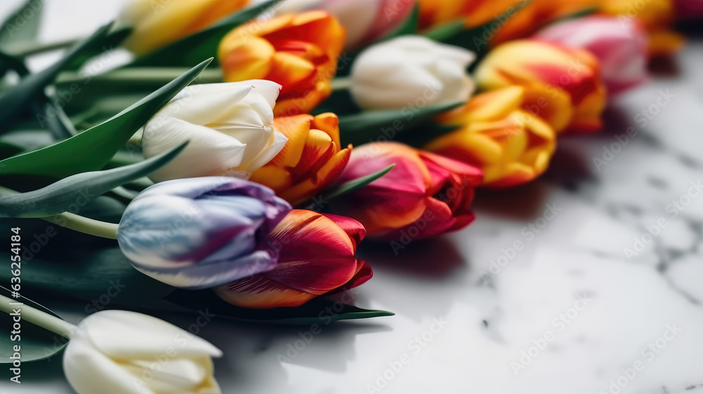 Beautiful colorful tulip flowers on white stone background, flat lay. Space for text.