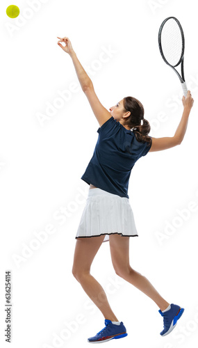Full-length of young sportive girl, tennis player in motion serving ball with racket isolated over transparent background. Concept of professional sport, competition, game, action, hobby.