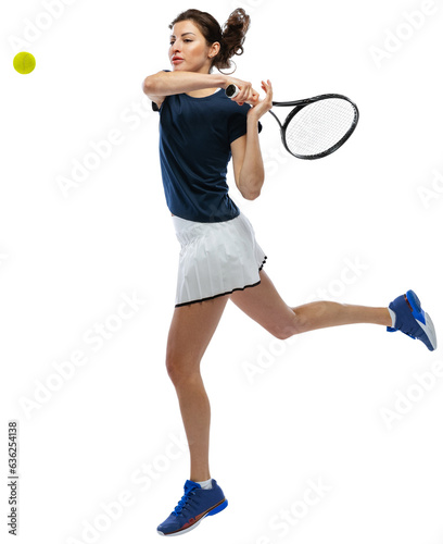 Full-length of young sportive girl, tennis player in motion hitting ball with racket isolated over transparent background. Concept of professional sport, competition, game, action, hobby. © master1305