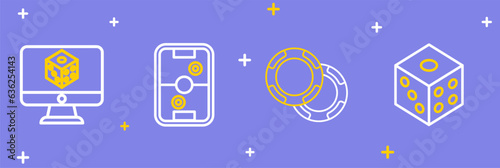 Set line Game dice, Casino chips, Air hockey table and icon. Vector