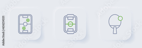 Set line Racket, Table football and Air hockey table icon. Vector