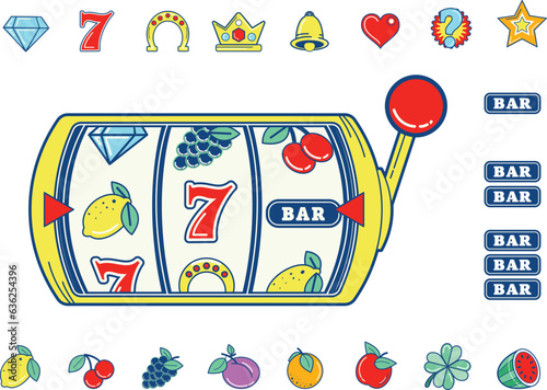 Casino slot machine reel with slot fruit machine symbols and icons isolated on white and vector based.