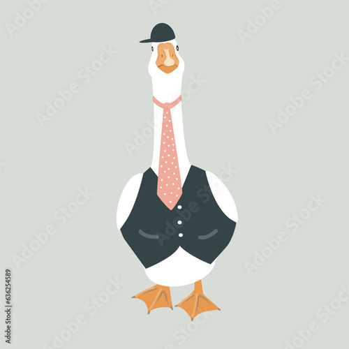 Cute male goose dressed in a vest, tie, and a cap. Anthropomorphic illustration, fashion bird isolated vector