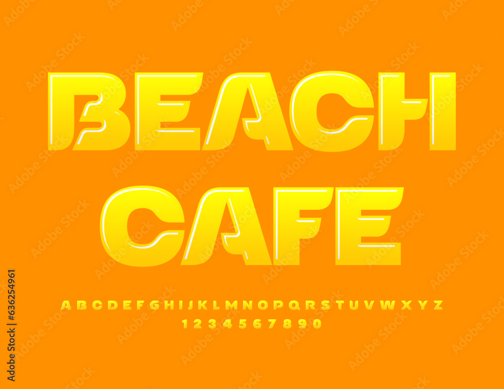 Vector sunny emblem Beach Cafe. Yellow Glossy Font. Artistic Alphabet Letters and Numbers.