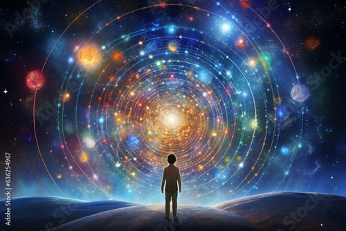 Our inner center embodies universal and cosmic love, connecting us to all; we are children of the stars. Copy space. Generative AI