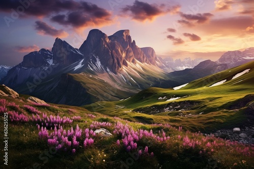 Stunning view of Seceda Peak in South Tyrol with the Odle range and Furchetta peak, surrounded by purple flowers. Generative AI