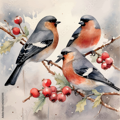 Christmas Bullfinches watercolor in hand drawn style. Vector illustration design element.