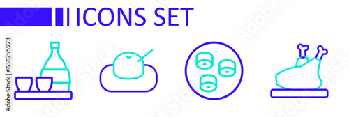 Set line Roasted turkey or chicken, Sushi, Mochi and Bottle of sake icon. Vector