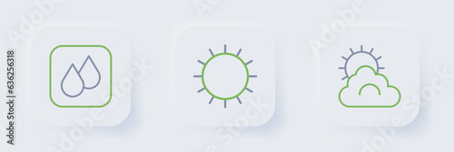 Set line Sun and cloud weather, and Water drop icon. Vector