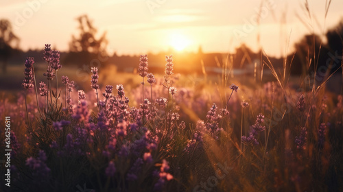 Beautiful lavender meadow at sunset, selective focus.