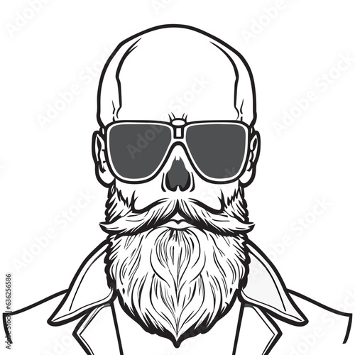 caveira humana, oculos ray ban , barba comprida, bigode grande, careca, sem cabelo, brinco, vector illustration line art photo