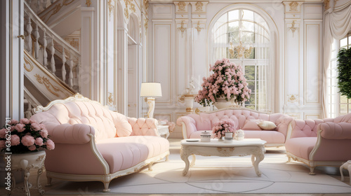 Classic interior design with flowers and pink colors