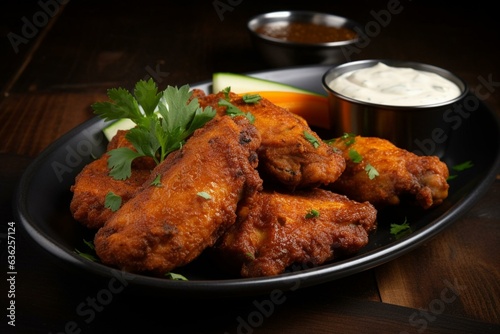 Spicy, coated chicken wings served with ranch dip. Generative AI