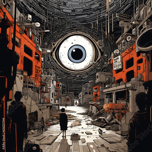 a book cover illustration by mcbess and herge showing A large panoptic eye in ruins in the center, surrounded by electronic signals and data flowing around it. photo