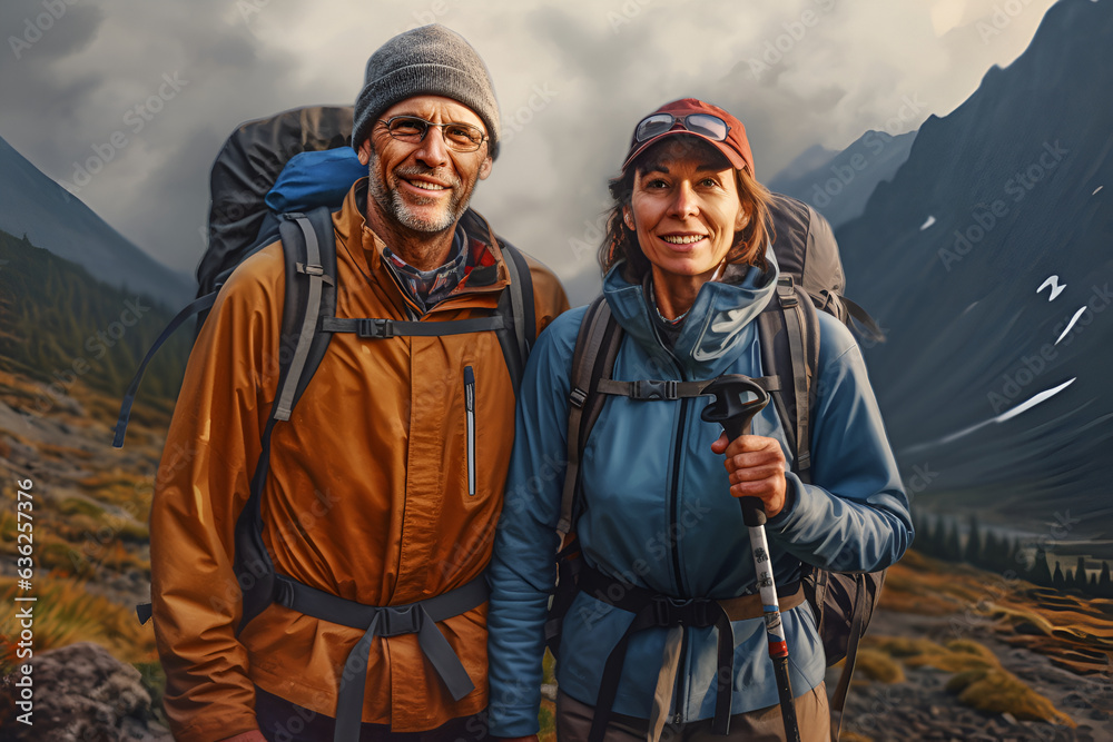 Active middle aged couple standing with mountains in background. Active lifestyle. Generative AI