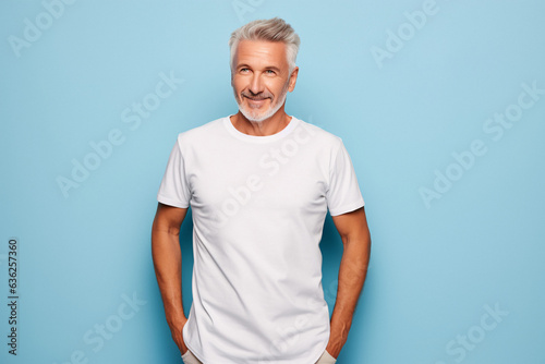 Older man wearing a white t-shirt, for canvas or mockup, blue blackground