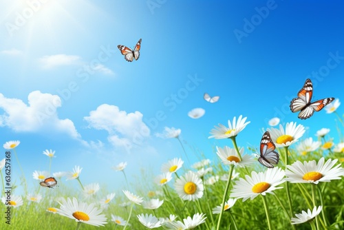 Beautiful daisies and butterfly in a serene meadow beneath a blue sky. Generative AI © Euphemia