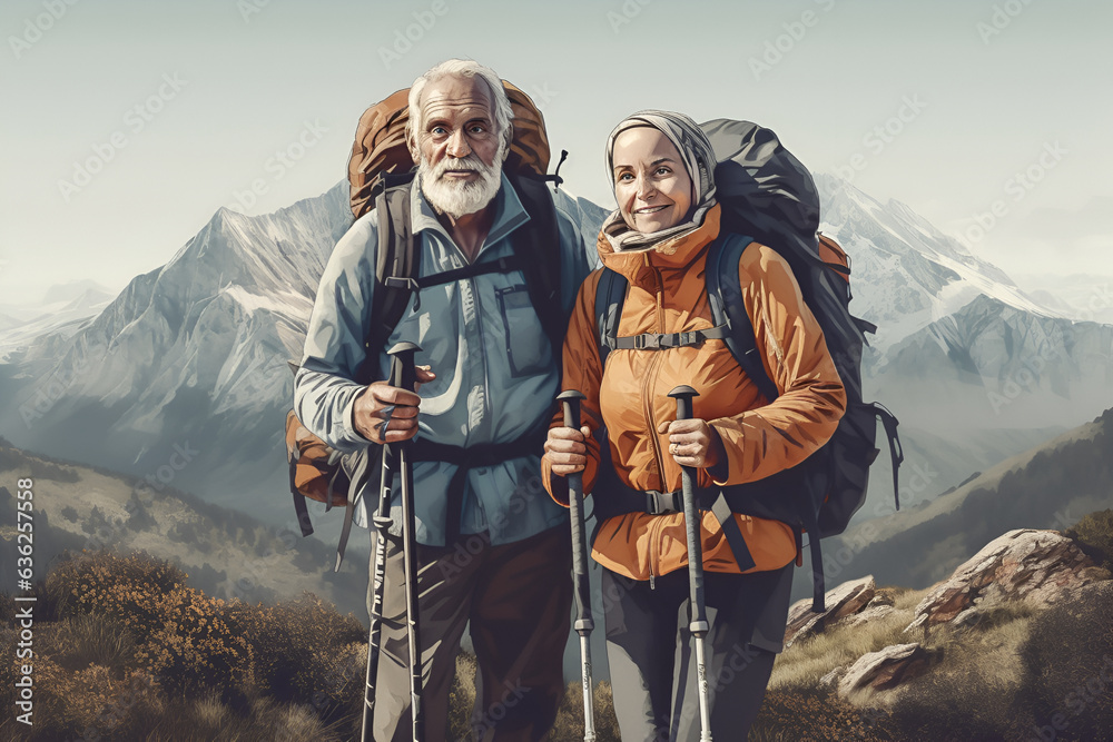 Active middle aged couple standing with mountains in background. Active lifestyle. Generative AI