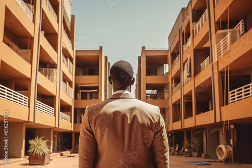 Black man in suit in poor African city, rear view. Career challenge concept
