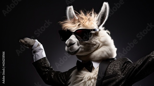 A suave llama wearing a tuxedo and sunglasses, waltzing with grace in a hilarious dance. Animal card, illustration, wallpaper. Generative AI. 