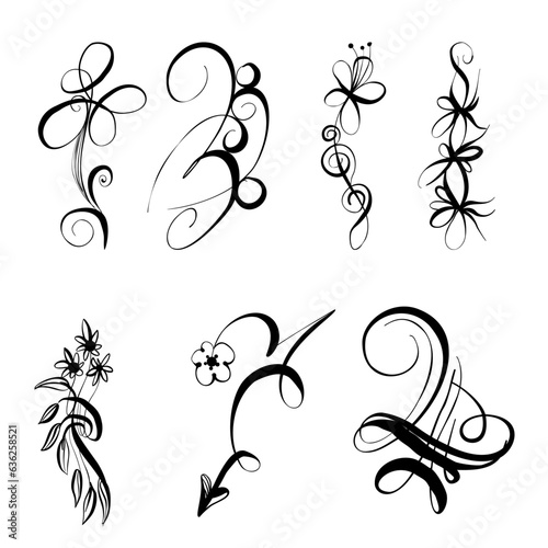 Elegant Floral Tattoo Set: Abstract Forms in Motion, Expressive Calligraphy, Minimalistic Brushstrokes, and Iconographic Motifs. Features Graceful Figures, Spirals, Elongated Forms.