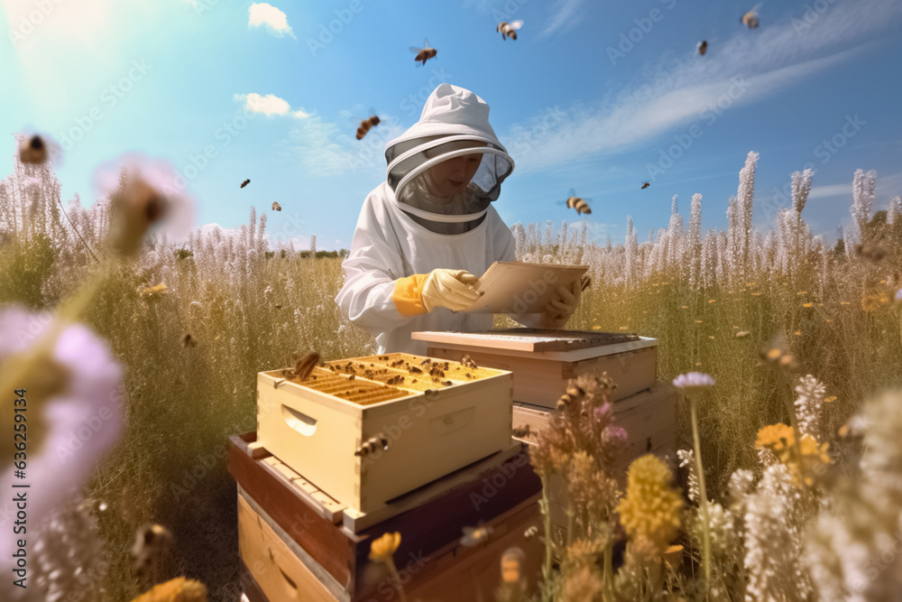 Beekeeper works in apiary, beehives on field with flowers and wildflowers, illustration. Generative AI. Apiculture and beekeeping Beekeeper works in apiary, beehives on field with flowers and wildflowers, illustration. Generative AI. Apiculture and beekeeping