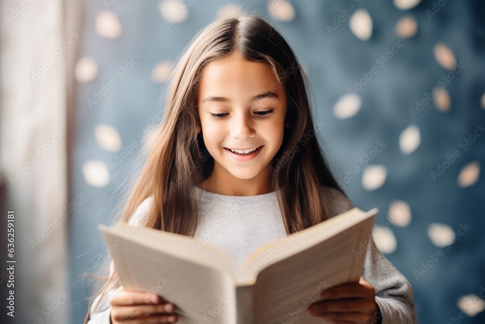 Cheerful girl reads a book. Selective focus. The concept of love for reading. Cheerful girl reads a book. Selective focus. The concept of love for reading.