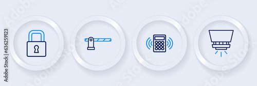 Set line Fire sprinkler system, Security keypad access panel, Parking car barrier and Lock icon. Vector