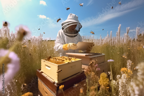 Beekeeper works in apiary, beehives on field with flowers and wildflowers, illustration. Generative AI. Apiculture and beekeeping