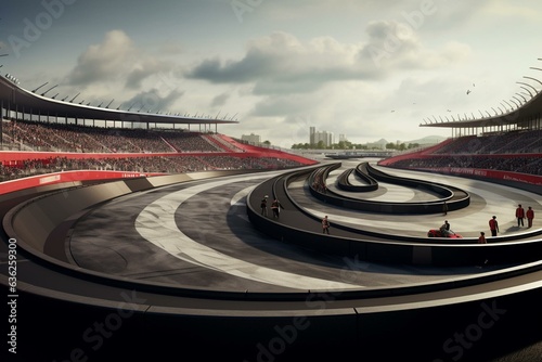 Curved racetrack made of asphalt  surrounded by spectator stands. Generative AI