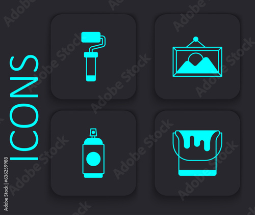 Set Paint bucket, roller brush, Picture landscape and spray can icon. Black square button. Vector