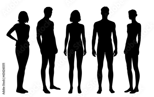 Vector silhouettes of men and women, figures of a group of standing sports people, athletic body, profile, black color on a white background