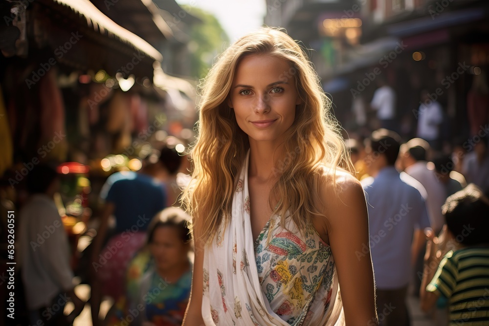 Curious Tourist Exploring Vibrant Streets of Bali. Generative AI. 