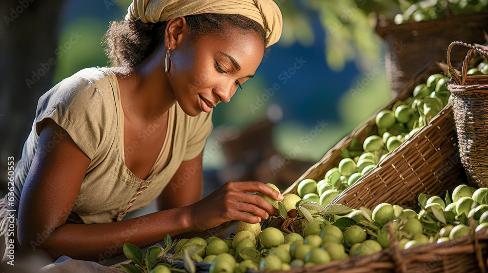 Obraz premium Farmer Harvesting in a Caribbean Garden Wallpaper Illustration Digital Art Generative AI Background Backdrop