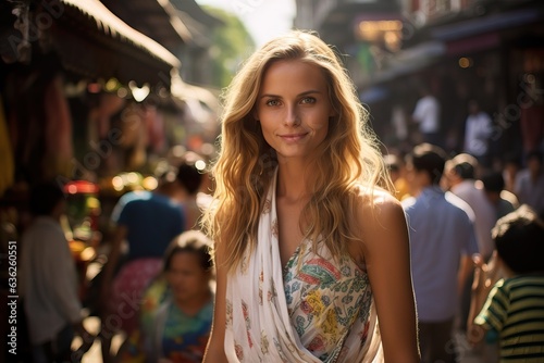 Curious Tourist Exploring Vibrant Streets of Bali. Generative AI. 