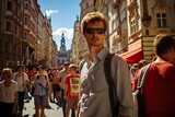 Curious Tourist Exploring Vibrant Streets of Prague. Generative AI