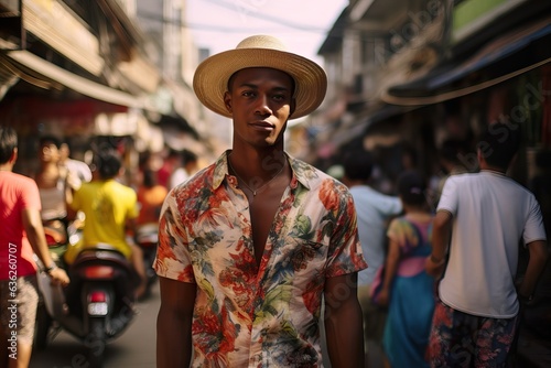 Curious Tourist Exploring Vibrant Streets of Bali. Generative AI © Dangubic