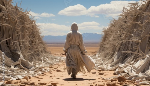 religious holy man martyr, a man in a white robe goes through the desert with thorns to the holy places. Angelic signs on the horizon. Made in AI