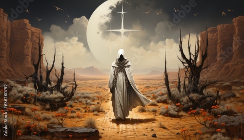 Fotografie, Obraz religious holy man martyr, a man in a white robe goes through the desert with thorns to the holy places