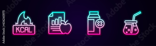 Set line Kcal, Diet plan, Lactose intolerance and Fresh smoothie. Glowing neon icon. Vector