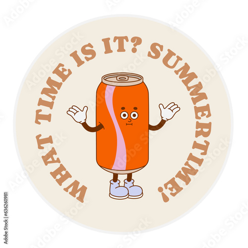 The hand-drawn retro character of the soda aluminum can is isolated in beige. Vector illustration in trendy retro cartoon style. 