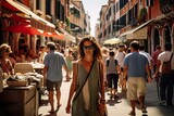 Curious Tourist Exploring Bustling Streets of Vibrant Venice. Generative AI
