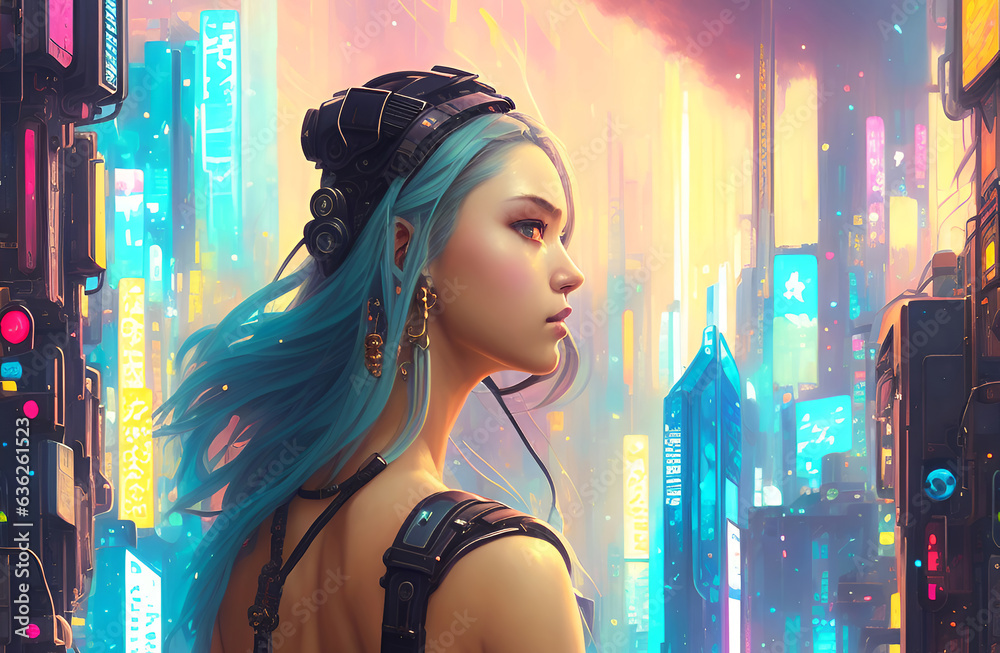 Illustration of beautiful young Cyberpunk Woman with long dyed hair and ...