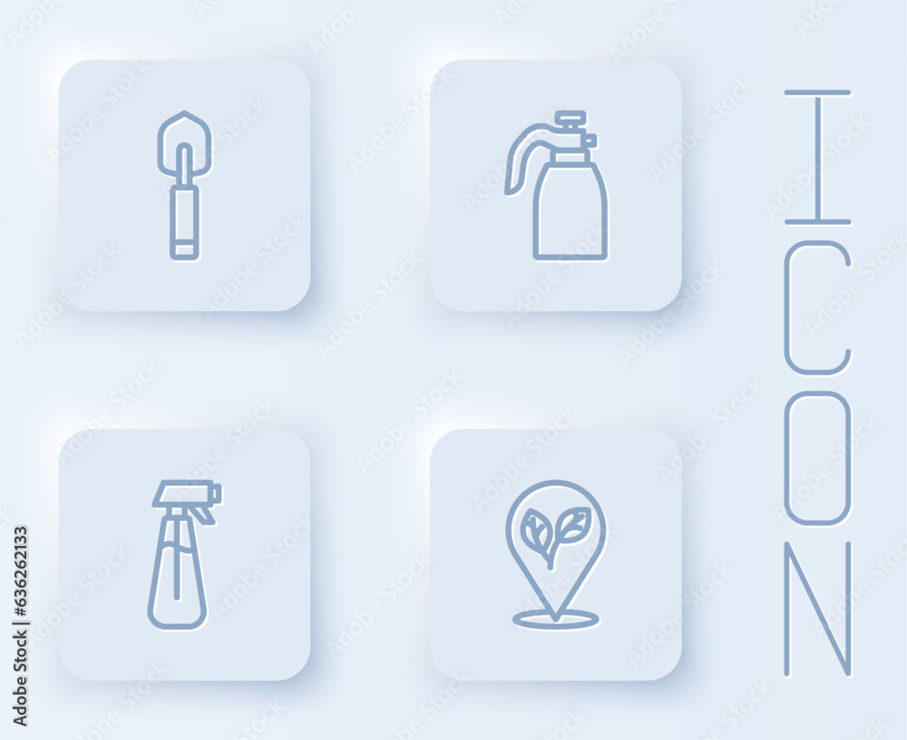 Set line Garden trowel spade or shovel, sprayer for water, and Location with leaf. White square button. Vector Set line Garden trowel spade or shovel, sprayer for water, and Location with leaf. White square button. Vector