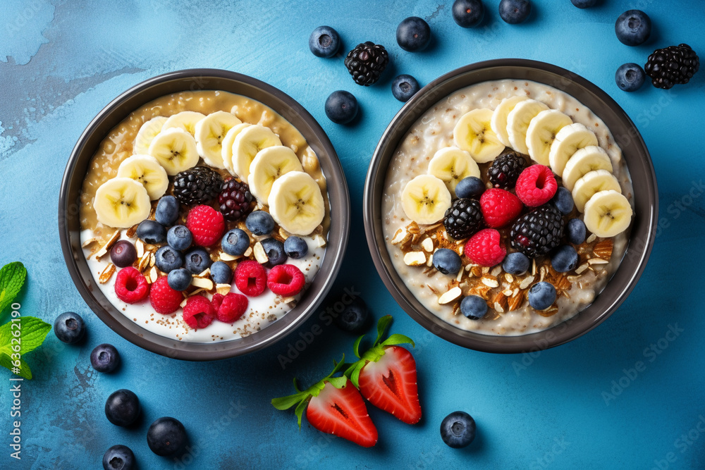 bowls of oatmeal cerial with bananas berries and nuts on a colorful background, flat lay, maximalist bowls of oatmeal cerial with bananas berries and nuts on a colorful background, flat lay, maximalist