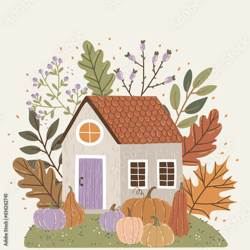 Vector illustration with house, autumn leaves and pumpkins. Composition for a poster or postcard.