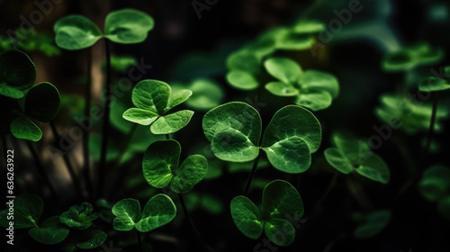 Close-up view of green leaves and stems of four shamrocks. These shamrocks are positioned in front of each other, creating an interesting visual effect with their distinctive shape and color.