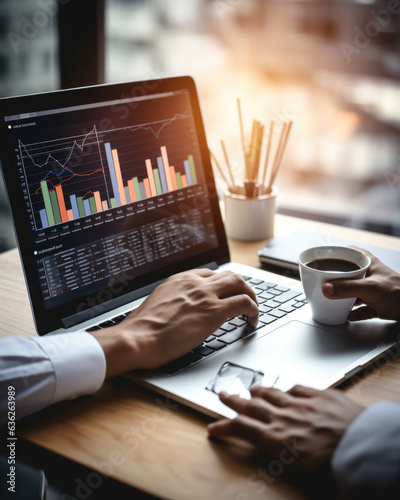 In the fast-paced world of business and technology, a businessman uses his laptop to maximize sale and profit. With a closeup of his hand typing on the keyboard, he's hard at work in the office, navig photo