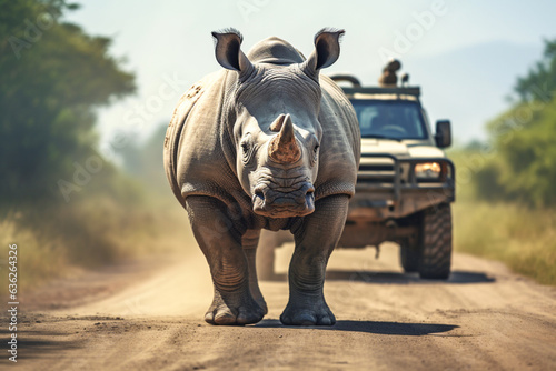 Rhinoceros crosses the road in the national park against the backdrop of the African landscape. Rhinoceros walks along the road against the background of a safari car. Generative AI © artsterdam