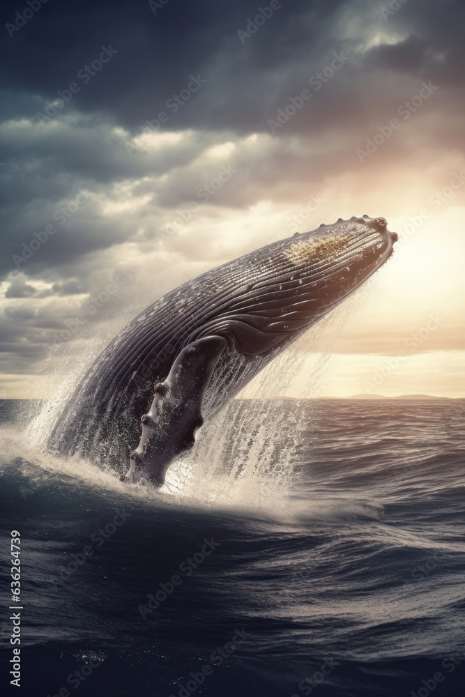 Fototapeta premium Humpback whale jumping over the sea. Generative AI.